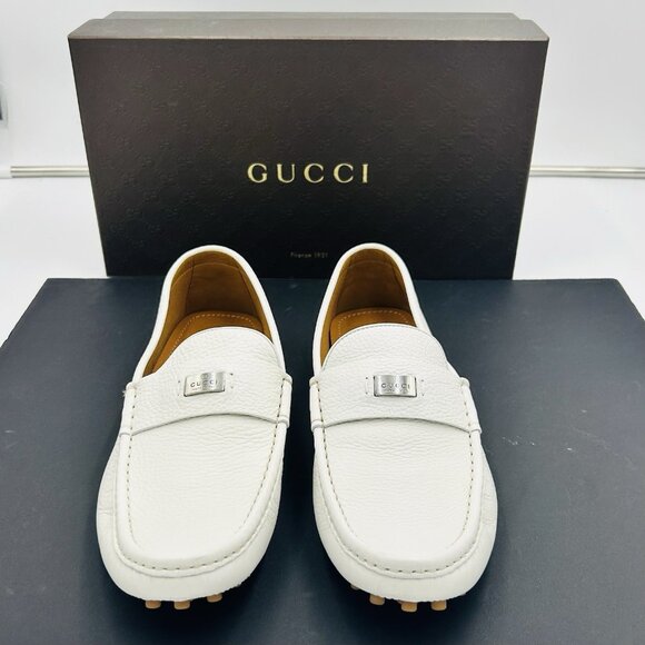 Gucci Men's White Scotch Grain Leather Driving Shoes Size US 9.5 G 9 EUR 43 NEW - Picture 1 of 14